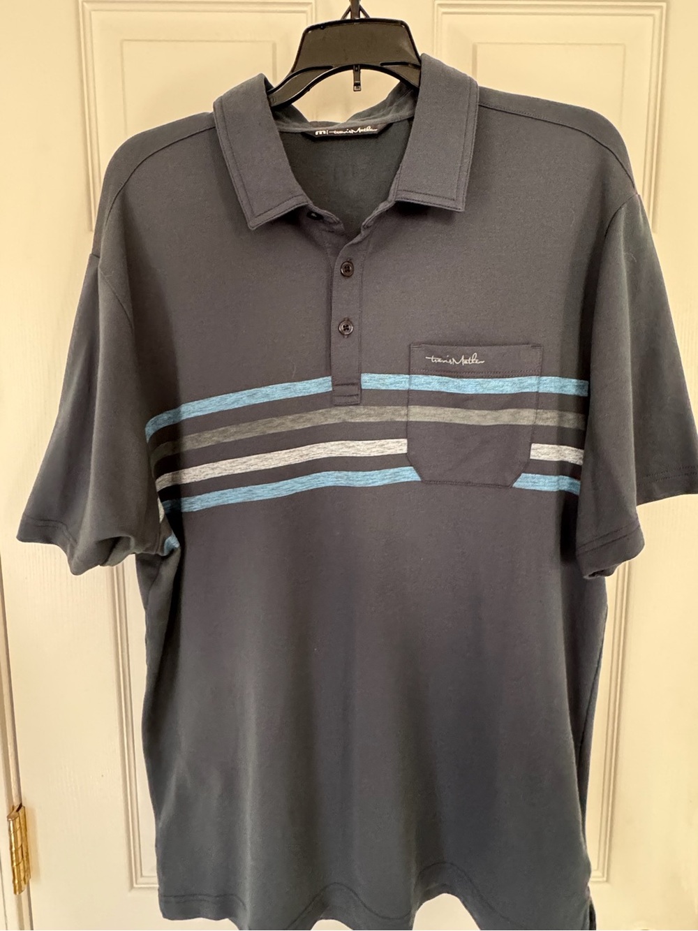 Travis Mathew Navy Short-Sleeve Polo with Blue Stripe